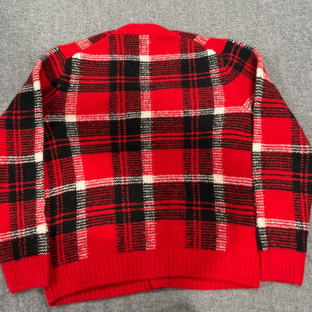 Ralph Lauren Suede-Patch Plaid Wool-Blend Cardigan | color: red combo | size: XL - Picture 6 of 8